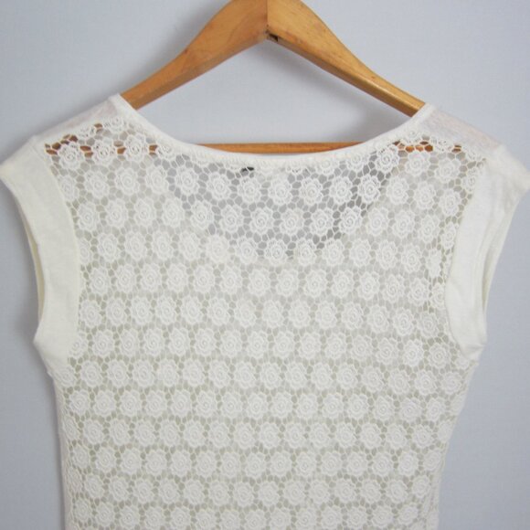 Gerard Darel Womens M Ivory Cap Sleeve Linen Knit Shirt Floral Cotton Lace Back - Picture 5 of 11